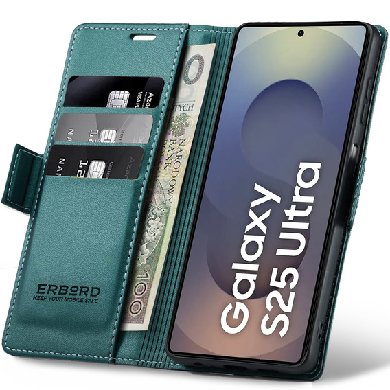 Husă pentru Samsung Galaxy S25 Ultra, ERBORD Glossy Litchi, portofel cu clapetă, verde