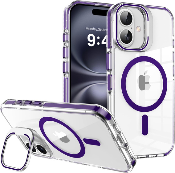 Husă pentru iPhone 17, pentru MagSafe, cu suport, transparentă cu inserții mov