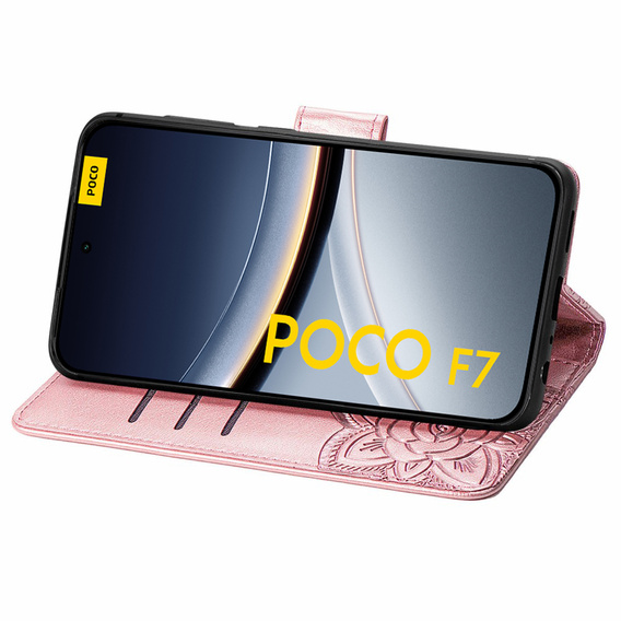 Cu clapetă pentru Xiaomi Poco F7, Butterfly, roz rose gold