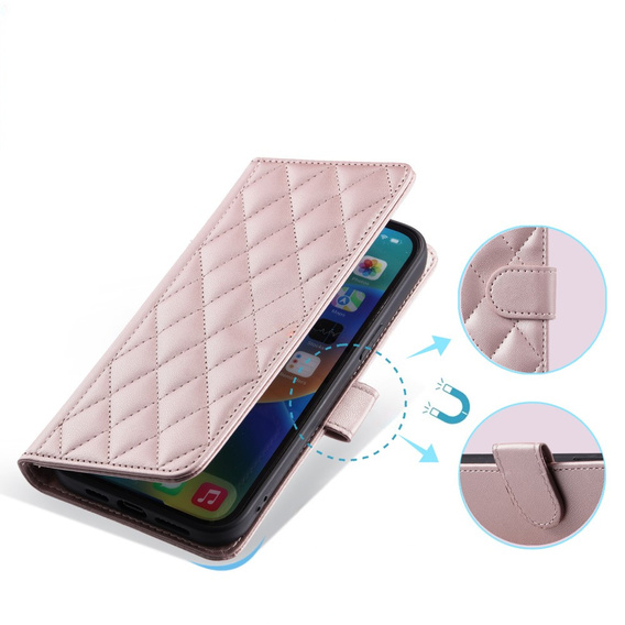 Husă cu clapetă pentru Xiaomi Redmi Note 13 Pro 4G / Xiaomi Redmi Note 14S / Xiaomi Poco M6 Pro 4G, Rhombus Crossbody Leather, roz rose gold
