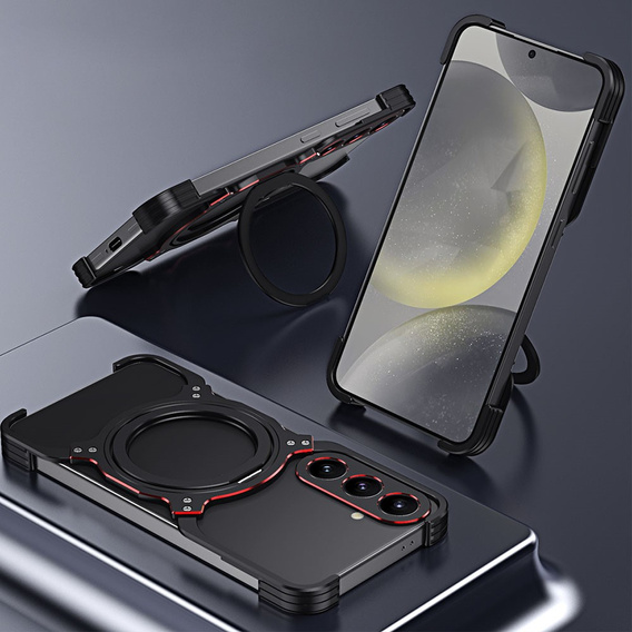 Carcasă pentru Samsung Galaxy S25, Kickstand Bumper, cu capac pentru obiectiv, pentru MagSafe, negru / argintiu