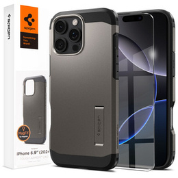 Carcasa Spigen pentru iPhone 16 Pro Max, Tough Armor Mag MagSafe, gri + 9H Tempered Glass