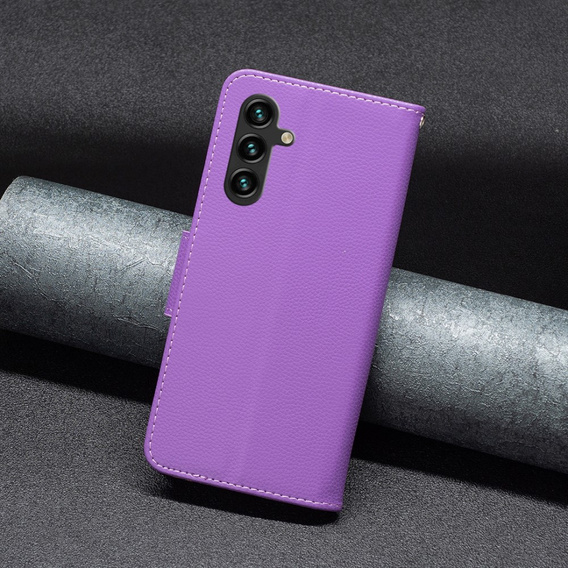 Cu clapetă pentru Samsung Galaxy A15, Wallet Litchi Leather, violet + sticlă 9H 