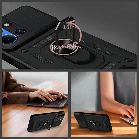 Carcasă blindată pentru Xiaomi Redmi 15C 4G/LTE, cu protecție pentru cameră, cu suport, negru