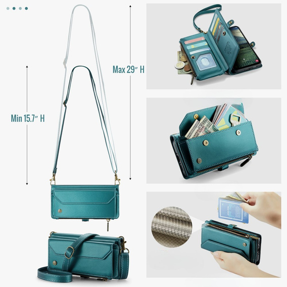 Husă CASEME pentru Samsung Galaxy A56 5G, RFID Leather Wallet, cu curea de umăr, verde