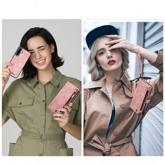 Husă CASEME pentru Samsung Galaxy A56 5G, Retro Leather Wallet, cu curea de umăr, roz