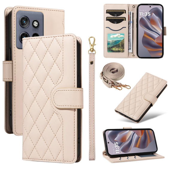 Husă cu clapetă pentru Motorola Edge 50 Neo / Motorola ThinkPhone 25, Rhombus Crossbody Leather, bej