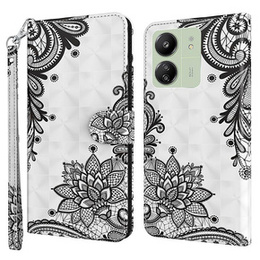 Cu clapetă pentru Xiaomi Redmi 13C / Poco C65, Wallet, Lace Flower alb