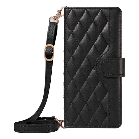 Husă cu clapetă pentru iPhone 16E, Rhombus Crossbody Leather, negru