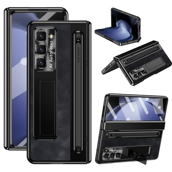 Husă din piele Leather+PC cu suport, sticlă și stylus pentru Samsung Galaxy Z Fold6 5G