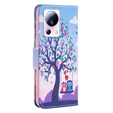 Cu clapetă pentru Xiaomi 13 Lite, Wallet, tree & owls, albastru