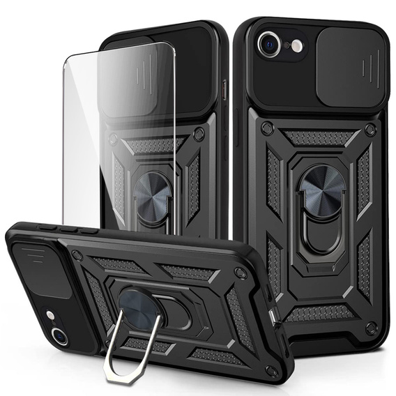 Carcasă blindată pentru iPhone 16E, CamShield Slide, negru + sticlă călită 9H