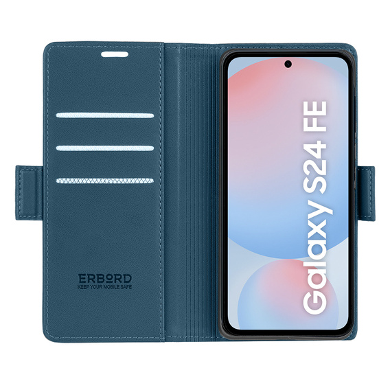 Husă pentru Samsung Galaxy S24 FE, ERBORD Glossy Litchi, portofel cu clapetă, albastru