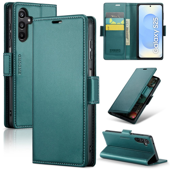 Husă pentru Samsung Galaxy S25, ERBORD Glossy Litchi, portofel cu clapetă, verde