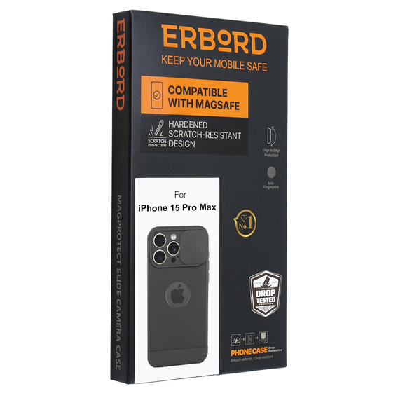 Huse pentru iPhone 15 Pro Max, ERBORD MagProtect Slide Camera, negru