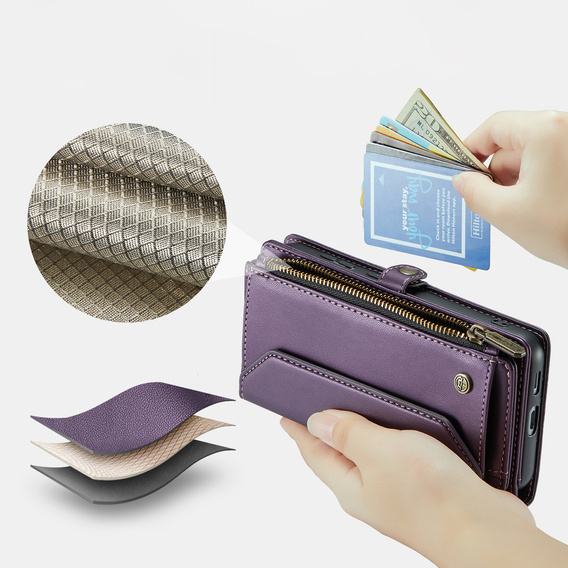 Husă CASEME pentru Samsung Galaxy S25 FE, RFID Leather Wallet, cu curea de umăr, violet