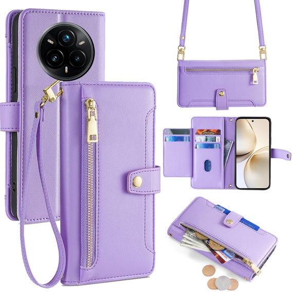 Cu clapetă pentru Realme 14 Pro+ 5G, Wallet Zipper Pocket, violet