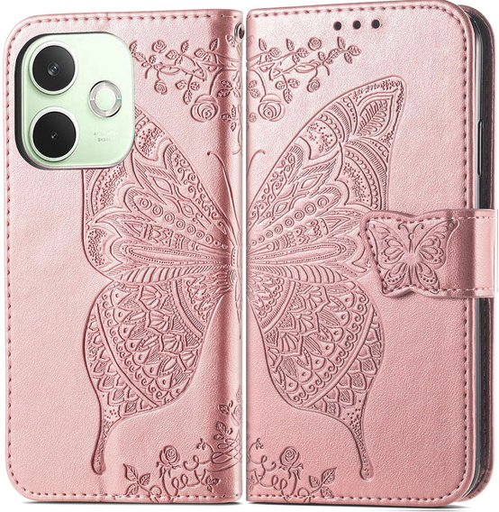 Cu clapetă pentru Oppo A5 Pro 5G, Butterfly, roz rose gold