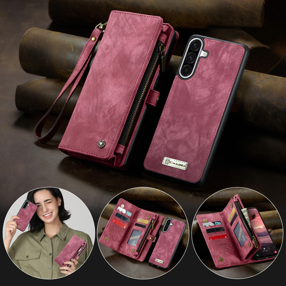 Husă CASEME pentru Samsung Galaxy A56 5G, Retro Leather Wallet, cu curea de umăr, roșu