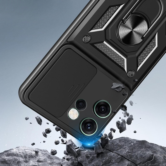 Husă blindată pentru Oppo Reno 14F, cu protecție pentru cameră, cu suport, negru