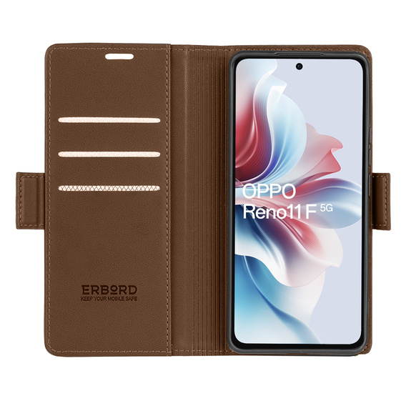 Husă pentru Oppo Reno 11F, ERBORD Glossy Litchi, portofel cu clapetă, maro