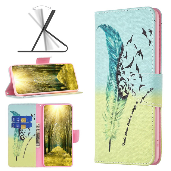 Cu clapetă pentru Samsung Galaxy M34, Wallet, feather, albastru