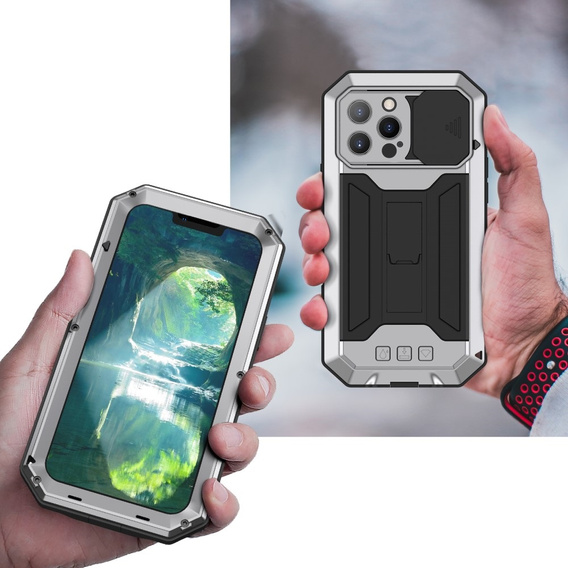 Husă pentru iPhone 13 Pro, R-JUST CamShield Slide, armată, de argint / negru