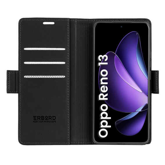 Husă pentru Oppo Reno 13, ERBORD Glossy Litchi, portofel cu clapetă, negru