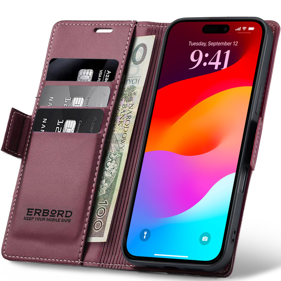ERBORD Glossy Litchi caz, flip portofel pentru iPhone 17 Pro Max