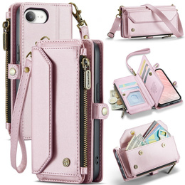 Husă CASEME pentru iPhone16E, RFID Leather Wallet, cu curea de umăr, roz