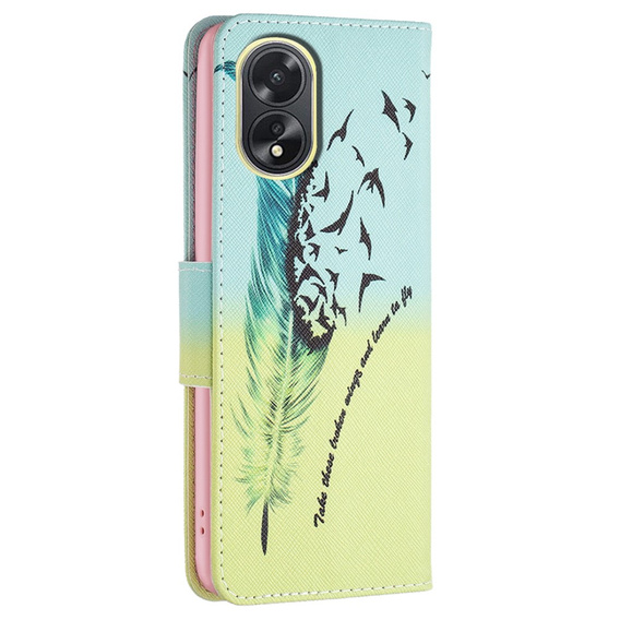 Cu clapetă pentru Oppo A38 4G / Oppo A18 4G, Wallet, Feather albastru / galben