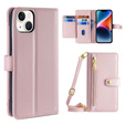 Cu clapetă pentru iPhone 14, Wallet Zipper Pocket, roz