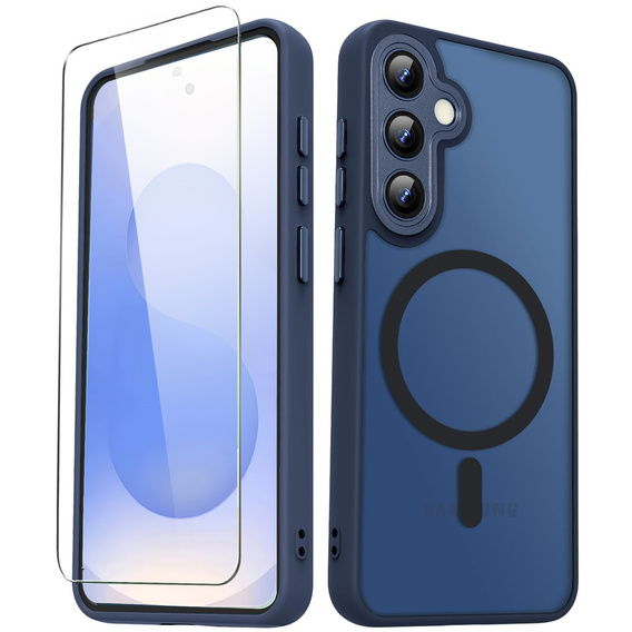 Husă pentru Samsung Galaxy S25, pentru MagSafe, ERBORD Matt Case, albastru închis + sticlă pentru ecran