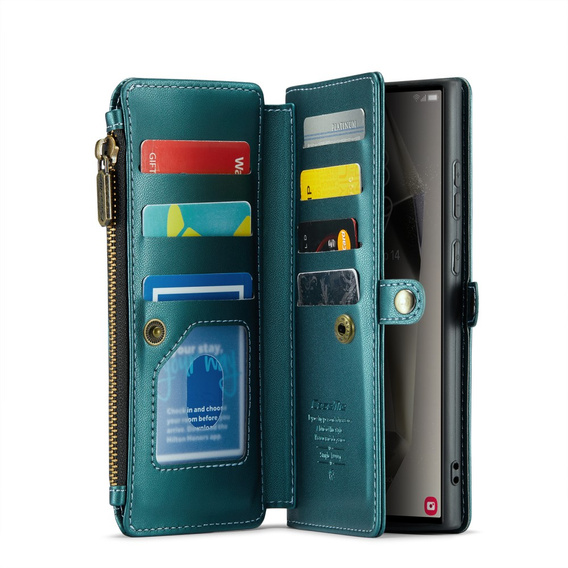 Husă CASEME pentru Samsung Galaxy S25 Ultra, RFID Leather Wallet, cu curea de umăr, verde