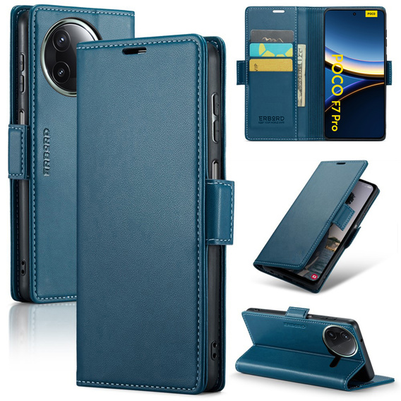 Husă pentru Xiaomi Poco F7 Pro, ERBORD Glossy Litchi, portofel cu clapetă, albastru