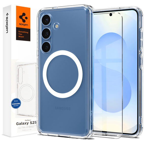Carcasă MagSafe Spigen pentru Samsung Galaxy S25+ Plus, Ultra Hybrid, transparent / alb + 9H Tempered Glass