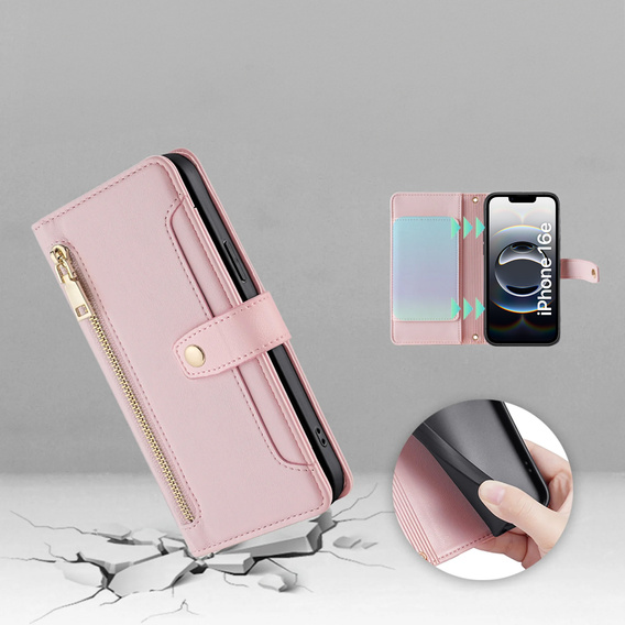 Cu clapetă pentru iPhone 16E, Wallet Zipper Pocket, roz