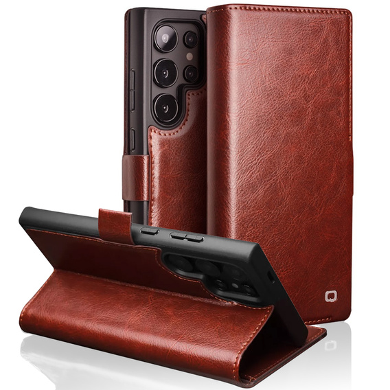 Carcasa flip pentru Samsung Galaxy S25 Ultra, QIALINO Leather Wallet, maro închis