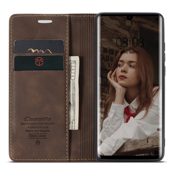 Husa CASEME pentru Huawei P30 Pro, Leather Wallet Case, maro închis