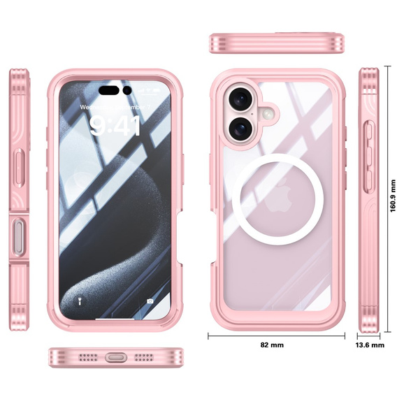 Husă pentru iPhone 16 Plus, Shockproof, cu sticlă, pentru MagSafe, roz