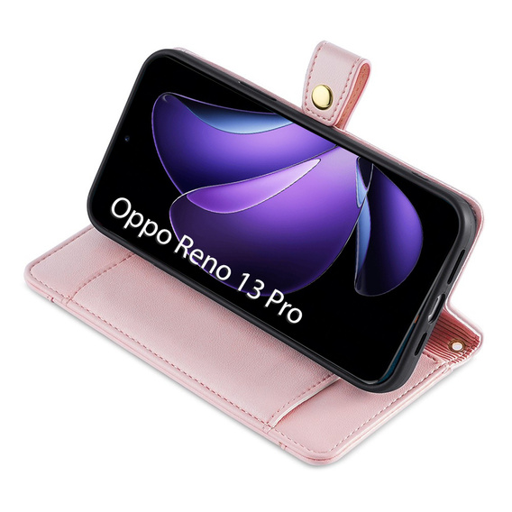 Cu clapetă pentru Oppo Reno 13 Pro, Wallet Zipper Pocket, roz