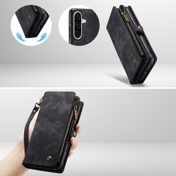 Husă CASEME pentru Samsung Galaxy A56 5G, Retro Leather Wallet, cu curea de umăr, negru