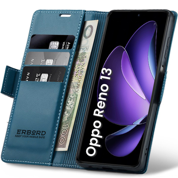 Husă pentru Oppo Reno 13, ERBORD Glossy Litchi, portofel cu clapetă, albastru