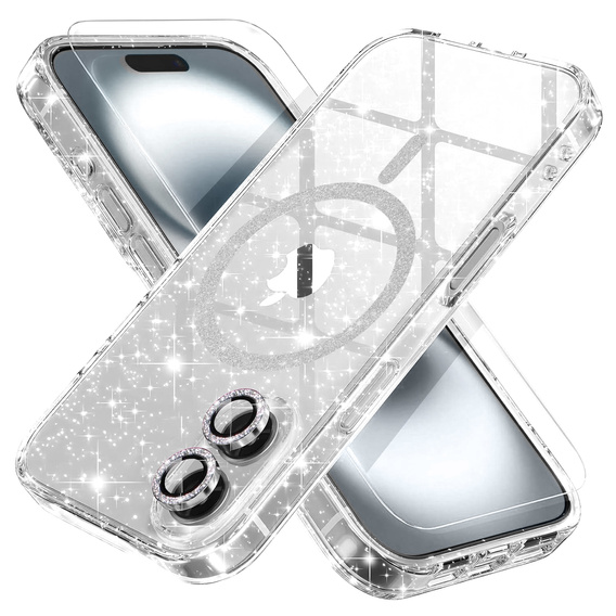 Husă pentru iPhone 16, ERBORD Glitter MagSafe, transparentă + Sticlă pentru ecran