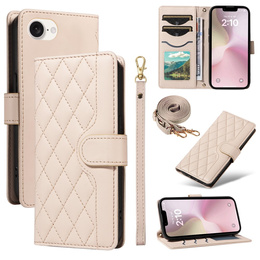 Husă cu clapetă pentru iPhone 16E, Rhombus Crossbody Leather, bej