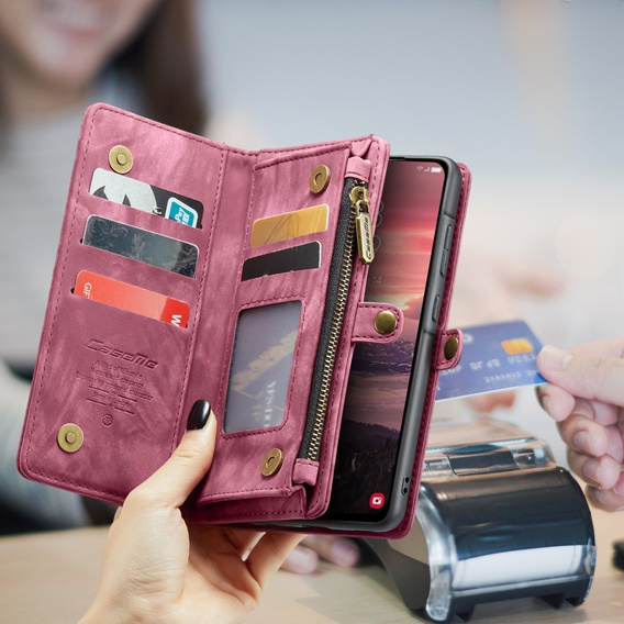 Husă CASEME pentru Samsung Galaxy A56 5G, Retro Leather Wallet, cu curea de umăr, roșu