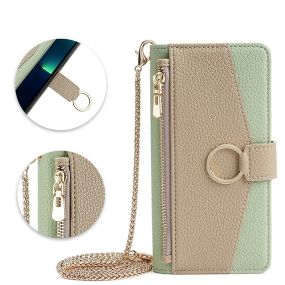 Carcasă flip pentru Motorola Edge 40 Neo 5G, Wallet Zipper Pocket, cu oglindă, verde