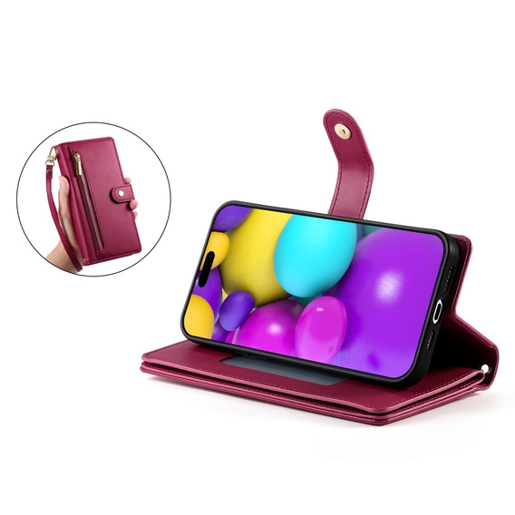 Cu clapetă pentru iPhone 16 Plus, Wallet Zipper Pocket, roșu