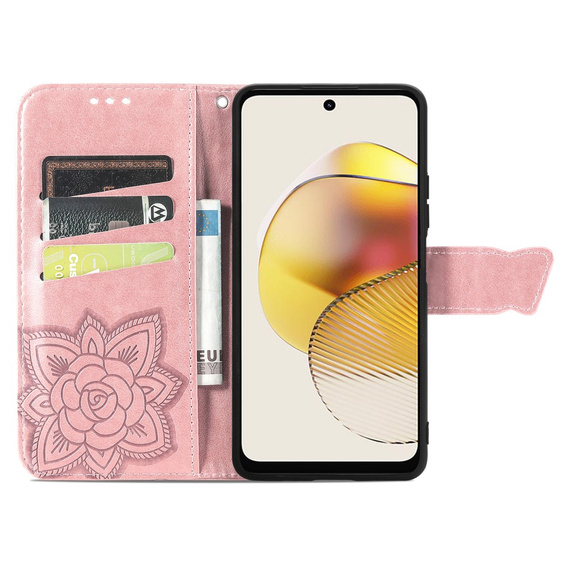 Cu clapetă pentru Motorola Moto G73 5G, Butterfly, roz rose gold