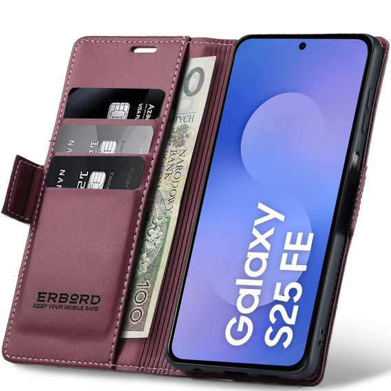 Husă pentru Samsung Galaxy S25 FE, ERBORD Glossy Litchi, portofel cu clapetă, roșu